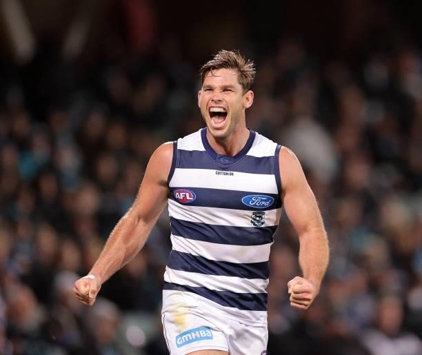 Tom Hawkins of the Cats celebrates after kicking a goal during the round 13 AFL match between the Port Adelaide Power and the Geelong Cats at...