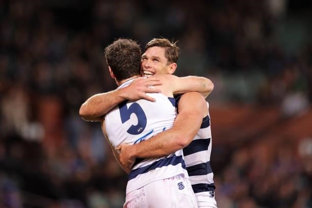 Jeremy Cameron of the Cats and Tom Hawkins of the Cats celebrate during the round 13 AFL match between the Port Adelaide Power and the Geelong Cats...