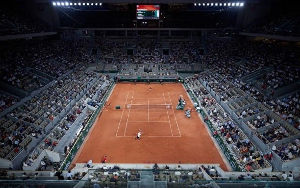 General view as Matteo Berrettini of Italy plays a forehand shot in his Quarter Final match against Novak Djokovic of Serbia during day eleven of the...