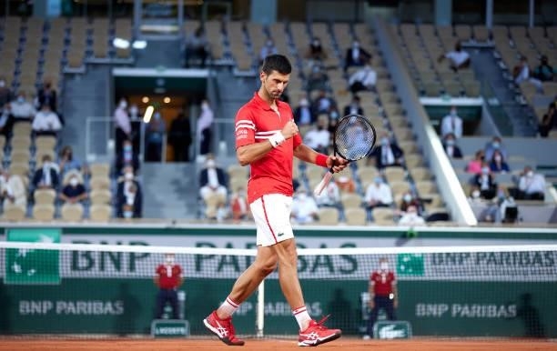 Novak Djokovic of Serbia celebrates a point in his Quarter Final match against Matteo Berrettini of Italy during day eleven of the 2021 French Open...