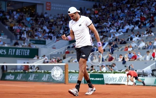 Matteo Berrettini of Italy celebrates a point in his Quarter Final match against Novak Djokovic of Serbia during day eleven of the 2021 French Open...