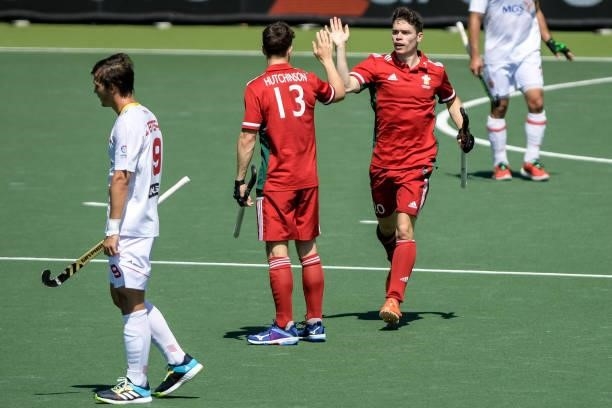 Jolyon Morgan of Wales celebrates after scoring his sides first goal during the Euro Hockey Championships match between Spain and Wales at Wagener...