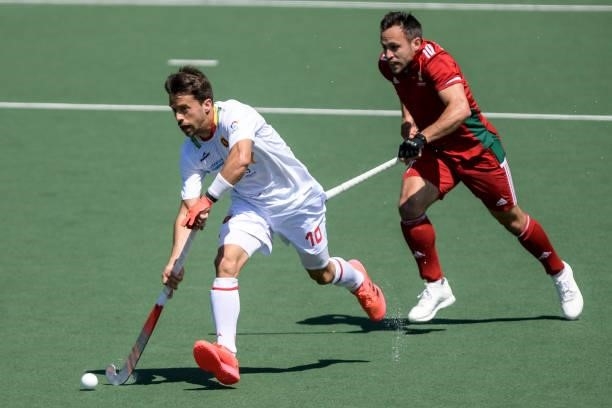 Marc Salles of Spain and Joseph Naughalty of Wales during the Euro Hockey Championships match between Spain and Wales at Wagener Stadion on June 10,...