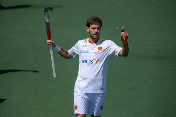 Joan Tarres of Spain celebrates after scoring his sides first goal during the Euro Hockey Championships match between Spain and Wales at Wagener...