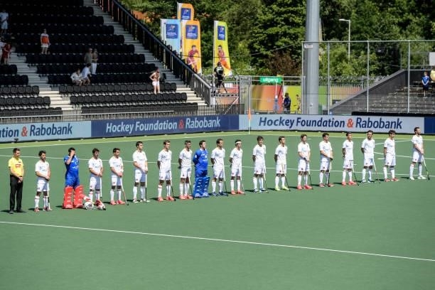 Players of Spain line up during the Euro Hockey Championships match between Spain and Wales at Wagener Stadion on June 10, 2021 in Amstelveen,...