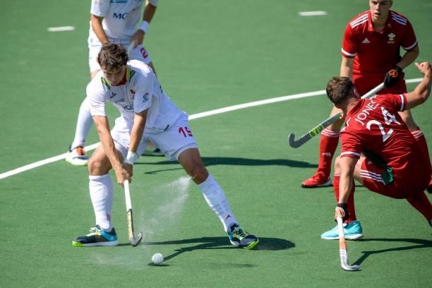 Jose Basterra of Spain and Hywel Jones of Wales during the Euro Hockey Championships match between Spain and Wales at Wagener Stadion on June 10,...