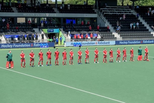 Players of Wales line up during the Euro Hockey Championships match between Spain and Wales at Wagener Stadion on June 10, 2021 in Amstelveen,...