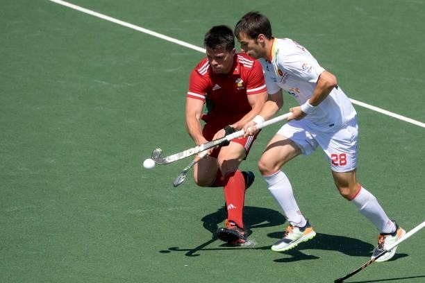 Ioan Wall of Wales and Marc Miralles of Spain during the Euro Hockey Championships match between Spain and Wales at Wagener Stadion on June 10, 2021...