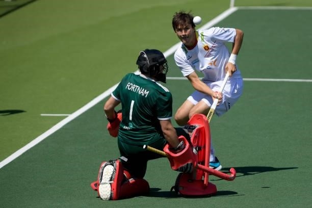 James Fortnam of Wales and Jose Basterra of Spain during the Euro Hockey Championships match between Spain and Wales at Wagener Stadion on June 10,...