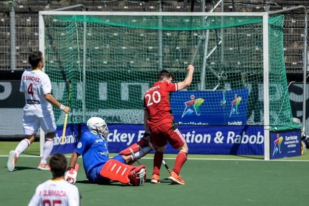 Jolyon Morgan of Wales celebrates after scoring his sides first goal during the Euro Hockey Championships match between Spain and Wales at Wagener...