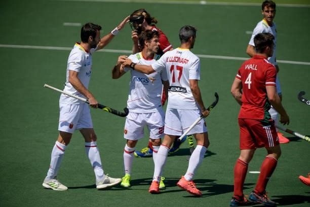 Pau Quemada of Spain celebrates after scoring his sides second goal during the Euro Hockey Championships match between Spain and Wales at Wagener...