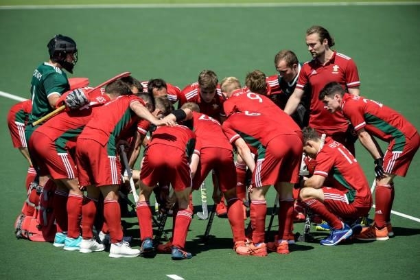 Players of Wales form a huddle during the Euro Hockey Championships match between Spain and Wales at Wagener Stadion on June 10, 2021 in Amstelveen,...