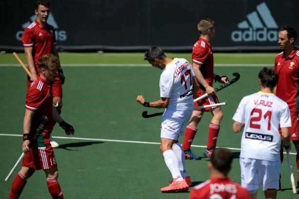 Xavi Lleonart of Spain celebrates after scoring his sides third goal during the Euro Hockey Championships match between Spain and Wales at Wagener...