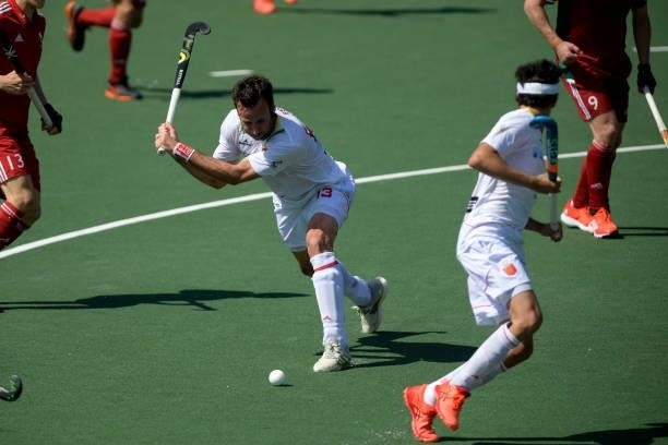 David Alegre of Spain shoots to score his sides fifth goal during the Euro Hockey Championships match between Spain and Wales at Wagener Stadion on...