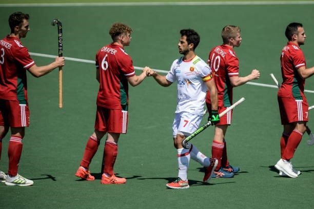 Jacob Draper of Wales and Miguel Delas of Spain during the Euro Hockey Championships match between Spain and Wales at Wagener Stadion on June 10,...