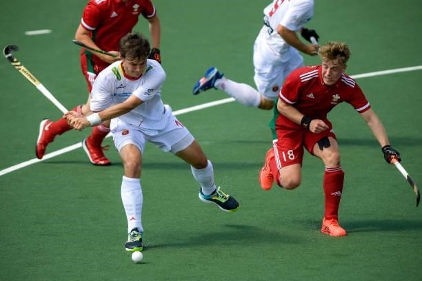 Jose Basterra of Spain and Gareth Furlong of Wales during the Euro Hockey Championships match between Spain and Wales at Wagener Stadion on June 10,...