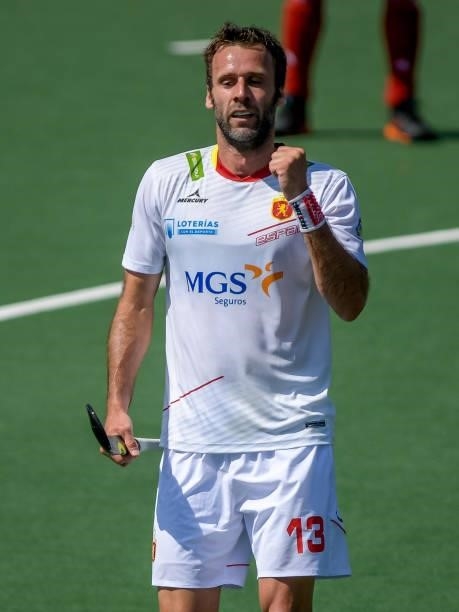 David Alegre of Spain celebrates after scoring his sides fifth goal during the Euro Hockey Championships match between Spain and Wales at Wagener...