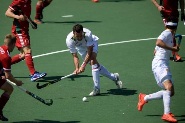 David Alegre of Spain shoots to score his sides fifth goal during the Euro Hockey Championships match between Spain and Wales at Wagener Stadion on...