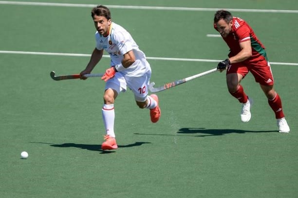 Marc Salles of Spain and Joseph Naughalty of Wales during the Euro Hockey Championships match between Spain and Wales at Wagener Stadion on June 10,...