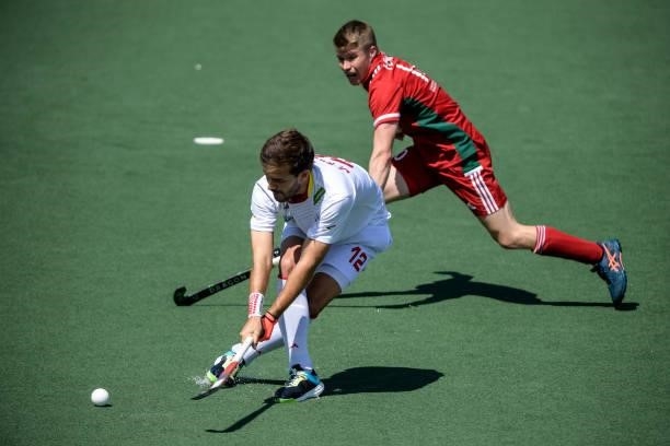 Joan Tarres of Spain shoots to score his side first goal during the Euro Hockey Championships match between Spain and Wales at Wagener Stadion on...