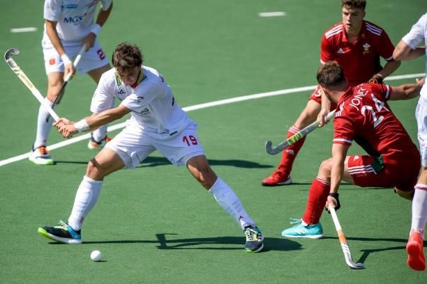Jose Basterra of Spain and Hywel Jones of Wales during the Euro Hockey Championships match between Spain and Wales at Wagener Stadion on June 10,...