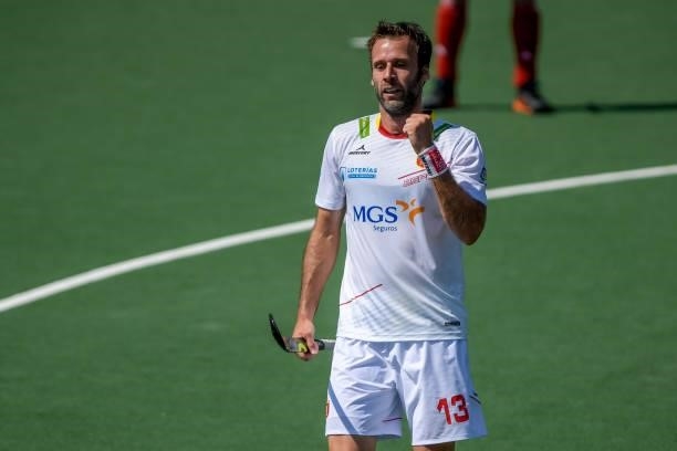David Alegre of Spain celebrates after scoring his sides fifth goal during the Euro Hockey Championships match between Spain and Wales at Wagener...