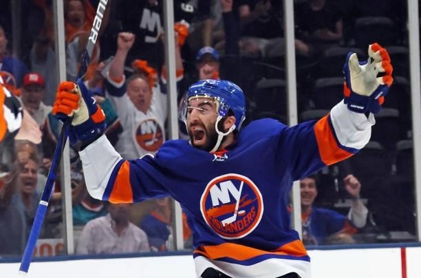 Kyle Palmieri of the New York Islanders scores at 16:07 of the second period against Tuukka Rask of the Boston Bruins in Game Six of the Second Round...