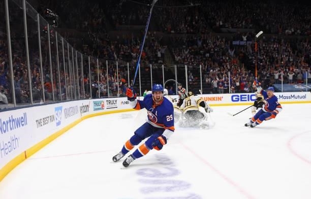 Brock Nelson of the New York Islanders scores against the Boston Bruins at 5:20 of the second period in Game Six of the Second Round of the 2021 NHL...