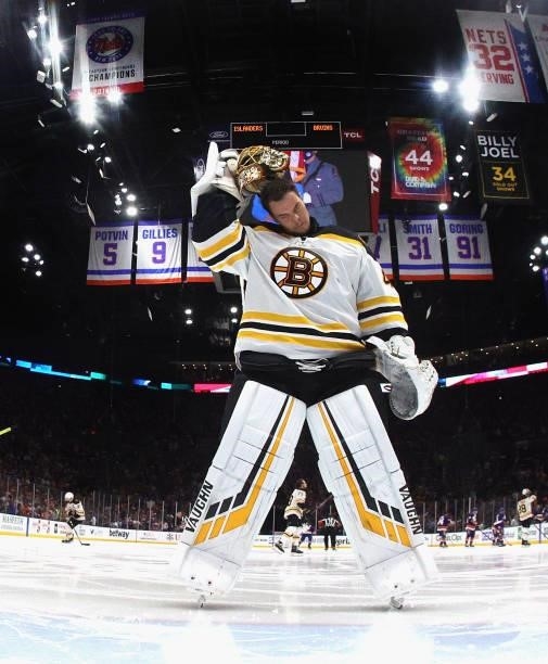 Tuukka Rask of the Boston Bruins prepares to tend net against the New York Islanders in Game Six of the Second Round of the 2021 NHL Stanley Cup...