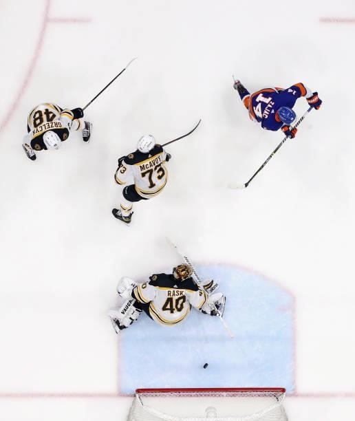 Travis Zajac of the New York Islanders scores during the first period against the Boston Bruins in Game Six of the Second Round of the 2021 NHL...