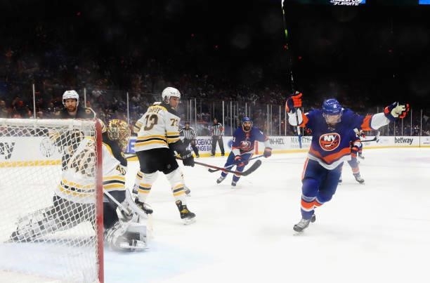 Travis Zajac of the New York Islanders scores during the first period against Tuukka Rask of the Boston Bruins in Game Six of the Second Round of the...