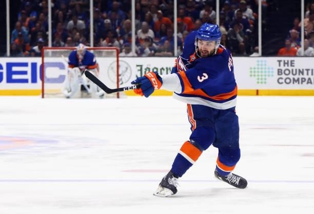Adam Pelech of the New York Islanders skates against the Boston Bruins in Game Six of the Second Round of the 2021 NHL Stanley Cup Playoffs at the...