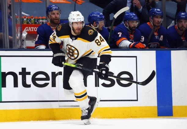 Jarred Tinordi of the Boston Bruins skates against the New York Islanders in Game Six of the Second Round of the 2021 NHL Stanley Cup Playoffs at the...