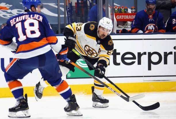 Brad Marchand of the Boston Bruins skates against the New York Islanders in Game Six of the Second Round of the 2021 NHL Stanley Cup Playoffs at the...