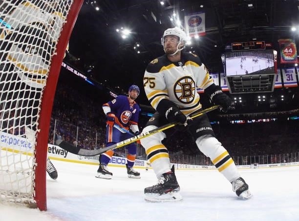 Connor Clifton of the Boston Bruins skates against the New York Islanders in Game Six of the Second Round of the 2021 NHL Stanley Cup Playoffs at the...
