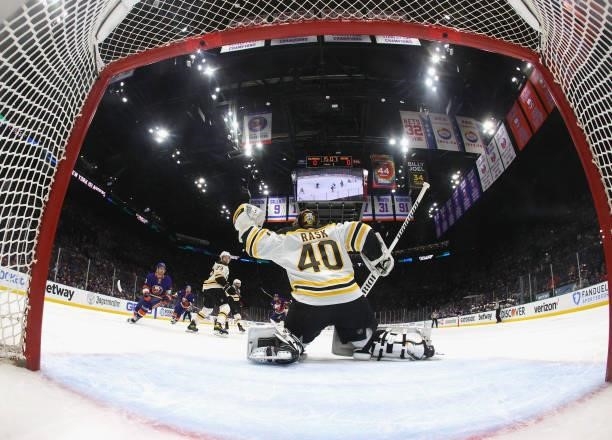 Tuukka Rask of the Boston Bruins skates against the New York Islanders in Game Six of the Second Round of the 2021 NHL Stanley Cup Playoffs at the...