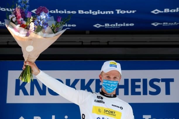 Robbe Ghys of Belgium and Team Sport Vlaanderen - Baloise white best young jersey celebrates at podium during the 90th Baloise Belgium Tour 2021,...