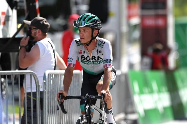 Matteo Fabbro of Italy and Team Bora - Hansgrohe at arrival during the 84th Tour de Suisse 2021, Stage 5 a 175,2km stage from Gstaad to Leukerbad...