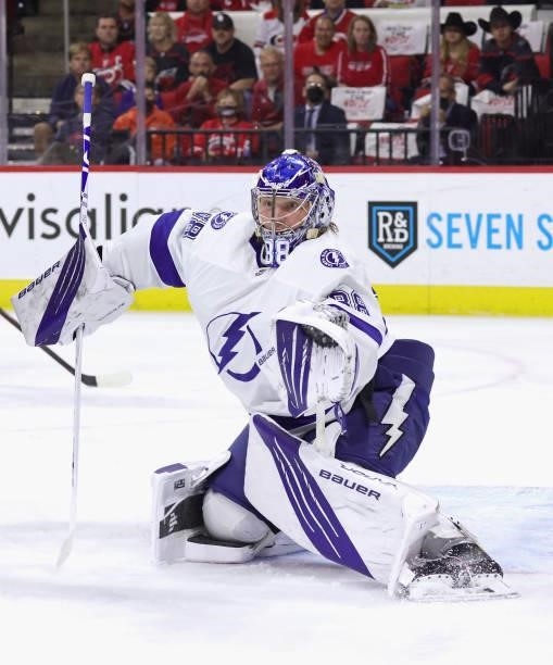Andrei Vasilevskiy of the Tampa Bay Lightning goes down in the crease to protect the net in Game Five of the Second Round of the 2021 Stanley Cup...