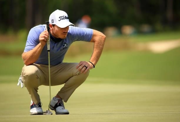 Bronson Burgoon lines up a putt on the 11th green during the first round of the Palmetto Championship at Congaree on June 10, 2021 in Ridgeland,...