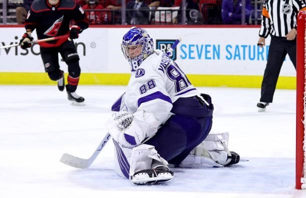 Andrei Vasilevskiy of the Tampa Bay Lightning crouches in the crease to protect the net in Game Five of the Second Round of the 2021 Stanley Cup...