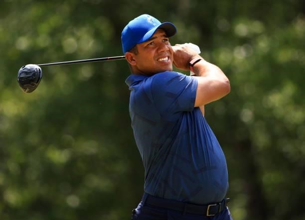 Jhonattan Vegas of Venezula plays his shot from the 12th tee during the first round of the Palmetto Championship at Congaree on June 10, 2021 in...