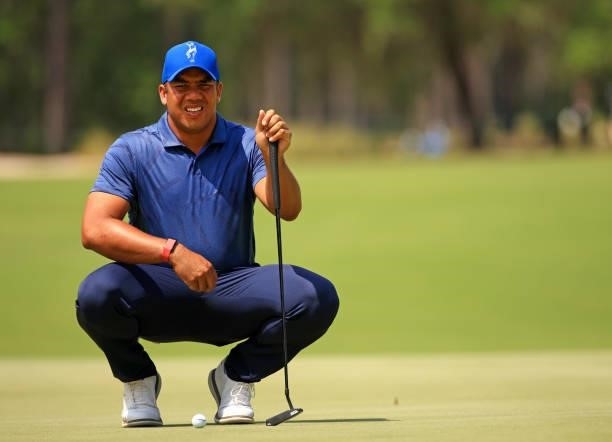 Jhonattan Vegas of Venezula lines up a putt on the 11th green during the first round of the Palmetto Championship at Congaree on June 10, 2021 in...