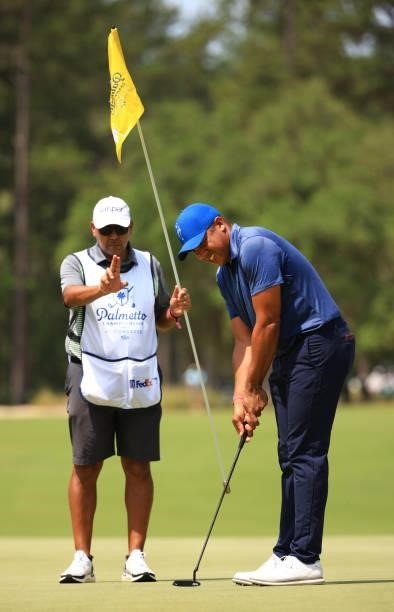Jhonattan Vegas of Venezula putts on the 11th green during the first round of the Palmetto Championship at Congaree on June 10, 2021 in Ridgeland,...