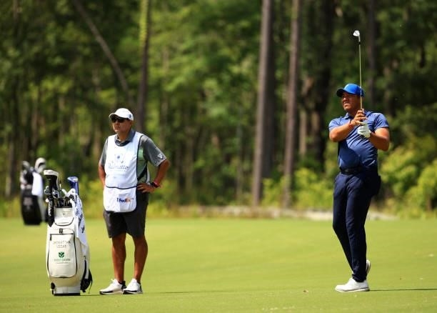 Jhonattan Vegas of Venezula plays his shot on the 11th hole during the first round of the Palmetto Championship at Congaree on June 10, 2021 in...