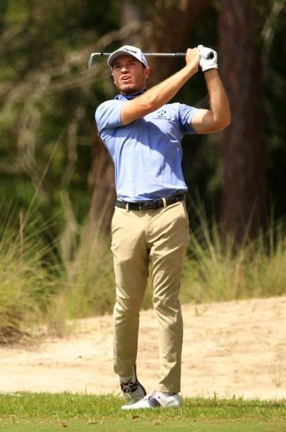 Bronson Burgoon plays his shot on the 11th hole during the first round of the Palmetto Championship at Congaree on June 10, 2021 in Ridgeland, South...