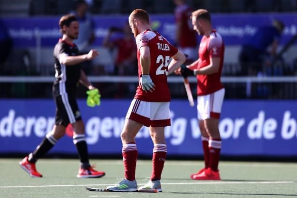 Jack Waller of England looks dejected after defeat in the Euro Hockey Championships Mens Semi Final match between England and Germany at Wagener...