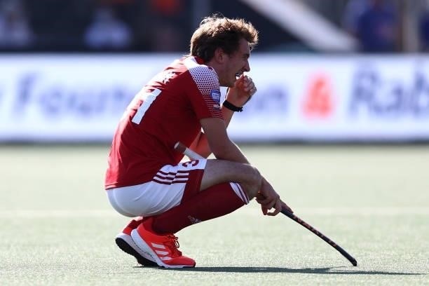 Will Calnan of England looks dejected after defeat in the Euro Hockey Championships Mens Semi Final match between England and Germany at Wagener...