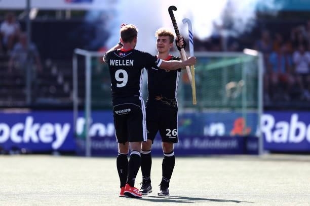 Niklas Wellen and Niklas Bosserhoff of Germany celebrate victory after the Euro Hockey Championships Mens Semi Final match between England and...