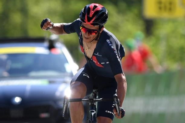 Richard Carapaz of Ecuador and Team INEOS Grenadiers celebrates at arrival during the 84th Tour de Suisse 2021, Stage 5 a 175,2km stage from Gstaad...